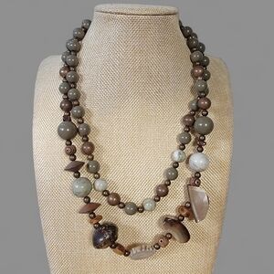 Sage Green and brown statement necklace Beads Metal Earth Tones